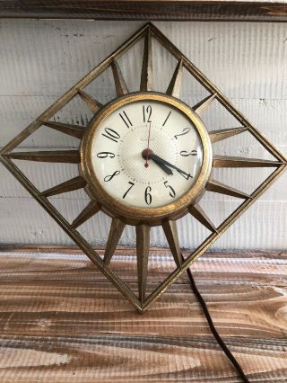 Vintage Mid Century Modern 1950s United Wall Clock Gold Brass Sunburst Sun