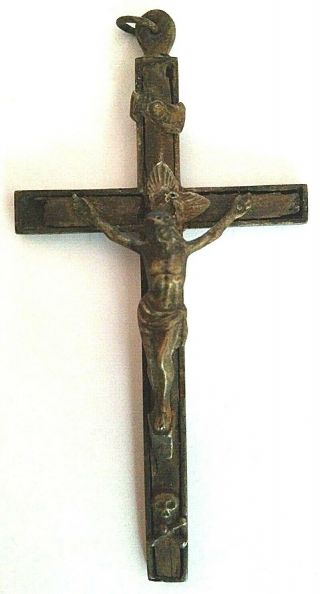 Antique 5 " Pectoral Cross Crucifix Skull Crossbones Golgotha Metal W/ Wood Inlay