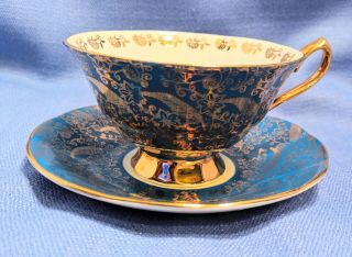 Antique Porcelain Elizabethan Staffordshire Gold And Teal Blue Teacup And Saucer