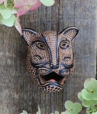 Mask Jaguar Leopard Handmade Black & Tan Clay Chiapas Mexico Folk Art Tribal