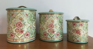 Vtg Floral Tin Litho Embossed Tea Canisters.  Nesting Set Of 3.  Made In Holland