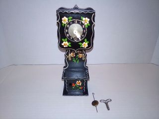 Vintage German Miniature Grandfather Cuckoo Clock Black W/ Box