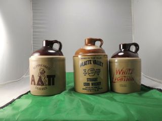 Three Small Vtg Whiskey Moonshine Pottery Stoneware Brown Jugs With Finger Hole