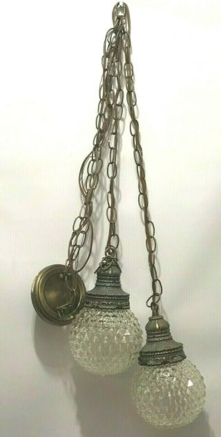 Vintage Glass Double Globe Swag Chain Lamp Lights Hanging Fixture Diamond Mcm