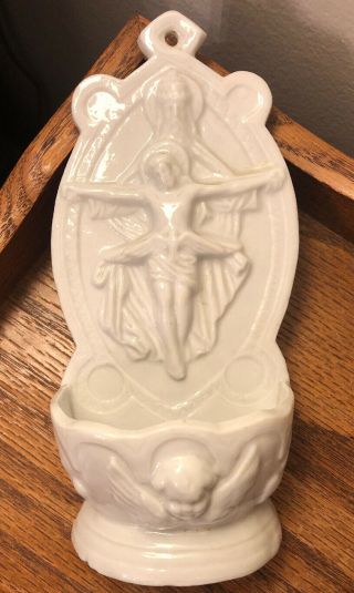 Vintage White Ceramic Porcelain Holy Water Font Depicts Catholic Trinity Angel