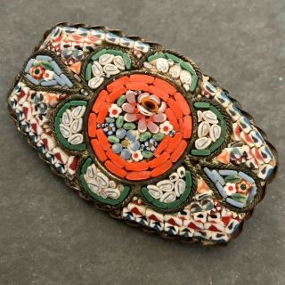 Vintage Antique Mosaic Brooch Made In Italy Floral Flower Twisted Frame