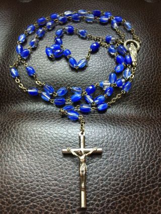 Vintage Catholic Rosary Blue Glass Our Lady Of Lourdes With Zip Case 20 "