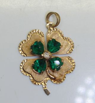 Vintage Estate 14k Gold 3.  05 Ct Sim Emerald & Cz Lucky 4 Leaf Clover Pendant