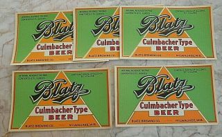 5 Vintage Blatz Culmbacher Type Irtp Beer Labels Milwaukee,  Wisconsin