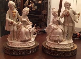 Antique Porcelain Figural Boudoir Lamps • Colonial Couple