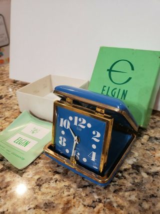 Vintage Elgin Travel Alarm Clock,  Box,  Instructions Blue Luminous Model Japan