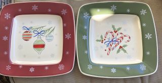 Longaberger Pottery Set Of 2 Square Christmas Dessert Plates All The Trimmings