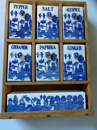 Vintage Japan Blue Willow Spice Jar/shaker Set With Wooden Shelf