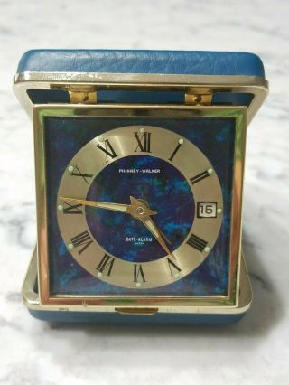 Vintage Phinney Walker Blue Travel Alarm Clock Folding Case Made Japan