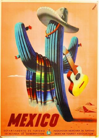Mexico Cactus Guitar Mexican Spanish Vintage Travel Advertisement Art Poster