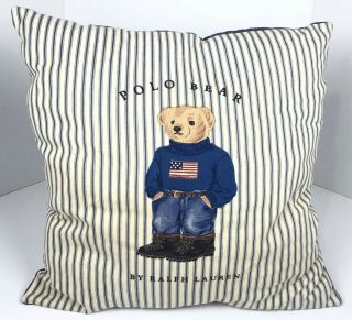 Vtg Polo Ralph Lauren Preppie Bear Striped Case Pillow 18”x18” Usa Jean Blue