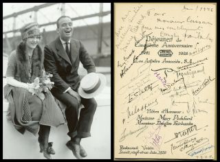 Mary Pickford & Douglas Fairbanks - Rare Signed Menu - 1926,  25 Signatures