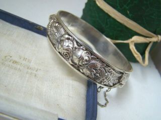 Vintage Solid Sterling Silver 3d Roses Floral Bracelet Bangle 7.  5 " Unusual Rare