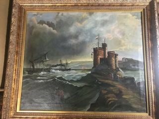Large Vintage " Sea And Coastal Landscape Scene Oil On Canvas Painting - Framed