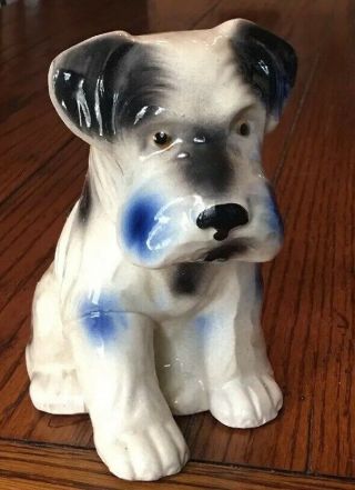 Cute Vintage Japan Puppy Schnauzer Spotted Dog Ceramic Planter Black Blue White