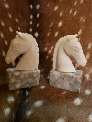 2 - Vintage Sculpture Horse Head Marble Alabaster Bookends Victorian Style Decor