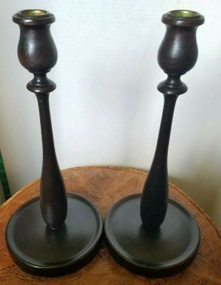 Antique Victorian Turned Mahogany Candlesticks Pair Wooden Taper Candle Holders