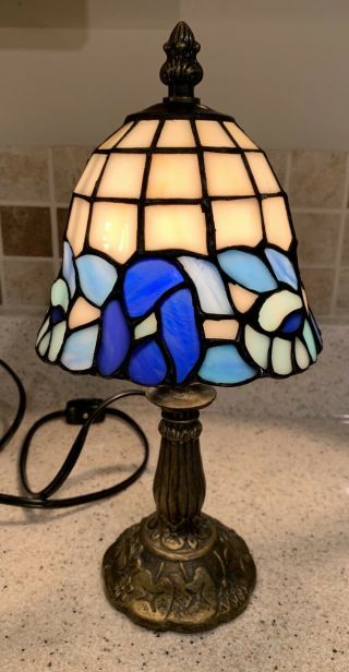 12” Tiffany Style Stained Glass Table Lamp By Elements Shades Of Blue Floral