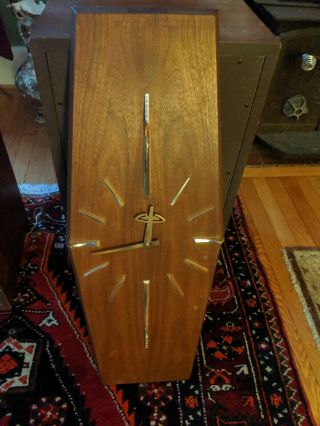 1960s Vintage Mid Century Modern Wood And Brass Wall Clock 30 Long X 11 3/4