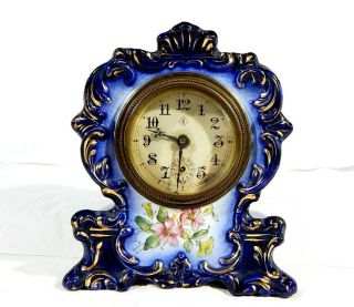 Antique Gilbert Porcelain China Case Clock " Lily " Shelf Clock C.  1900