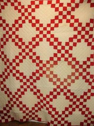 Q41,  Vintage Quilt,  Red & White Patchwork,  Hand Quilted,  80 X 70 In.