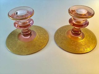2 1930s Vintage Pink Depression Glass/gold Rim Candle Holders Sticks