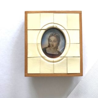 Miniature Fine Art Portrait Of A Woman Saint Icon Or Madonna Bone Wood Silk Conv