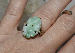 Vtg Chinese Floral Carved Jade Sterling Silver Ring Adjustable Ring