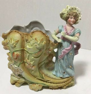 Antique Bisque Porcelain Renaissance Lady Figurine Vase,  Planter