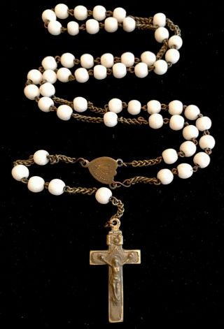 Vintage Milk White Cabochon Glass Bead And Silver Tone Rosary Inri Crucifix
