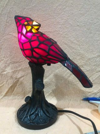 Cardinal Bird Red Stained Glass Table Lamp Tiffany Style 11 In High Vintage