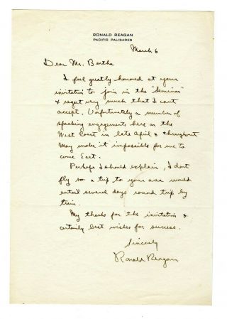 Ronald Reagan Signed Handwritten Letter.  [mentions Fear Of Flying] Psa Dna