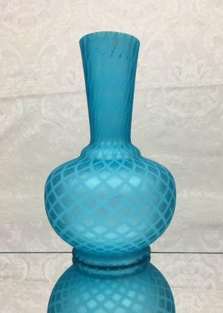 Antique Art Glass Blue Diamond Quilted Vase 8 " Fe65
