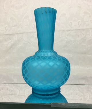 Antique Art Glass Blue Diamond Quilted Vase 8 " Fe64