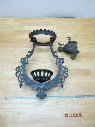 Antique Cast Iron Bradley Hubbard Hanging Oil Lamp Frame,  Font Holder,  Chains