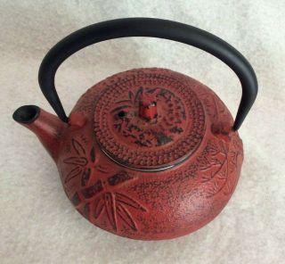 Japanese Cast Iron Teapot Set w/2 cups Dark Red/black accent bamboo design - EXC 2