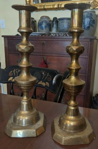Pair Antique Diamond & Beehive Brass Push - Up Candlesticks 19th Century
