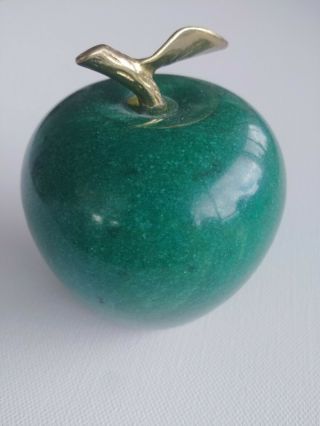 Vintage Green Stone Granite Apple With Brass Stem & Leaf Paperweight