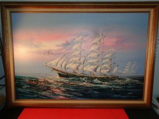Vintage H.  Scott Signed Oil On Canvas Clipper Ship At Sea Painting (24 By 36 ")