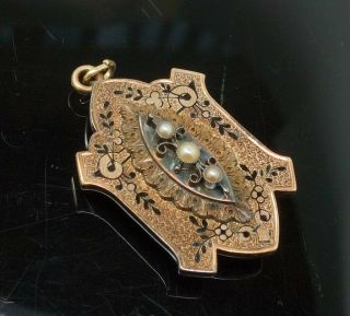 Antique 19c Victorian Solid Gold Enamel Decorated Seed Pearl Locket Pendant