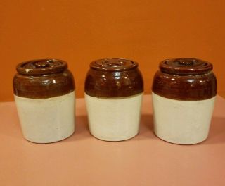 Vintage Stoneware Crock Glazed Pottery Two Toned Brown And Cream.  Set Of 3.