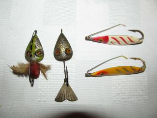 4 Vintage Metal Lures,  Fred Arbogast,  2,  Glass Eye Frog,  2,  Hawaiian 3.