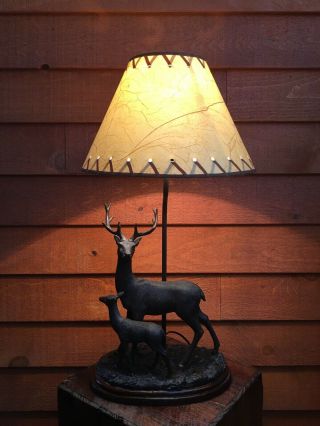 Deer Stag & Calf Resin Sculpture Table Lamp With Shade