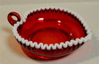 Vintage Lrg Fenton Glass Ruby Red Snow Crest Heart Shaped Handled Candy Dish
