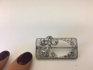 Breathtaking Detail Antique Art Deco Filigree Diamond Brooch Pin 14k White Gold